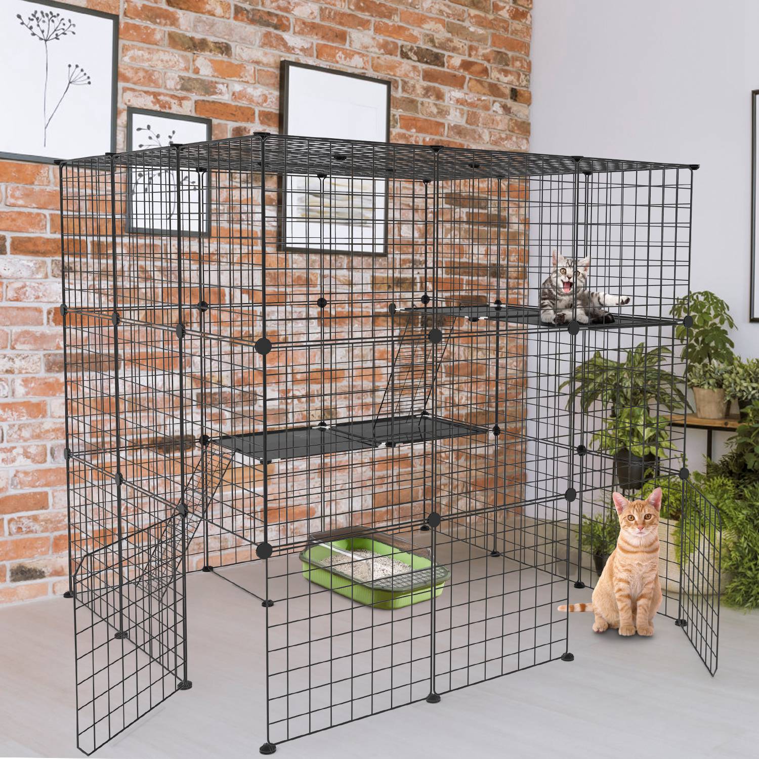 3 Tier Large Cat Cage Enclosure Indoor Cat Playpen Iron Construction Cat House Detachable Cat Crate With 2 Ladders Doors For 1-4 Cats 41.73”L x 41.73”