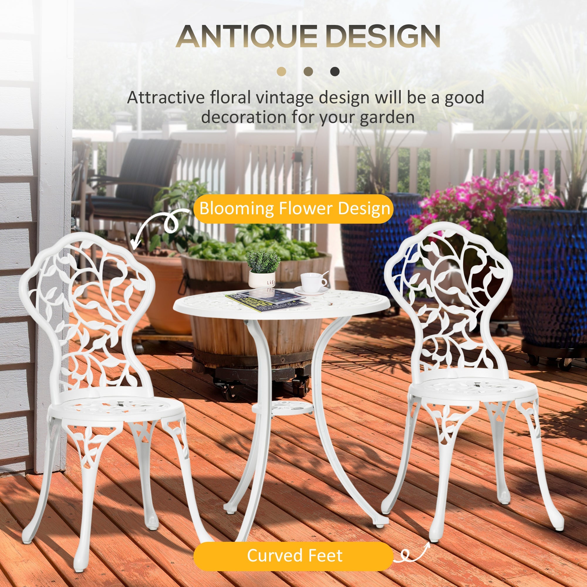 Outsunny 3 Pieces Outdoor Furniture Set, Patio Table and Chairs with Cast Aluminum Frame for Garden, Balcony, Porch, White 