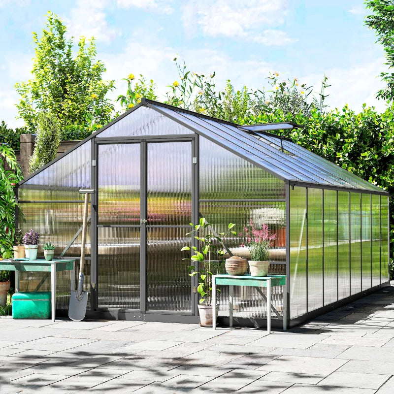 Polycarbonate Greenhouse, Walk-in Green House with Two Top Windows, Rain Gutter and Swing Door, 8' x 16' x 7', Dark Grey