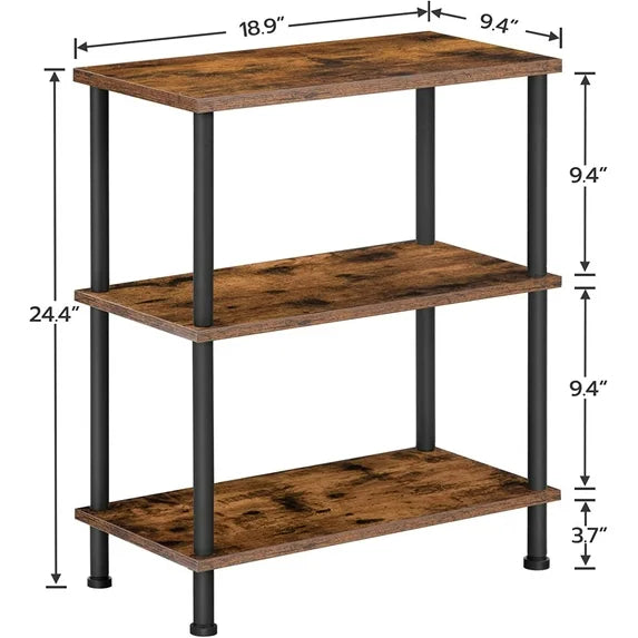 HOOBRO 3-Tier Industrial End Table with Open Shelves, Narrow Nightstand for Bedroom & Living Room, Rustic Brown