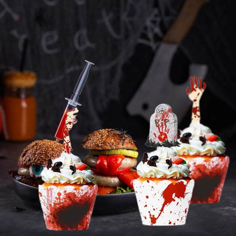 48Pcs Halloween Cupcake Toppers Wrappers Rip Kit Bloody Zombie Hand Cupcake Pick Decorations For Halloween Horror Movie Bloody Theme Birthday Party Cake Decorations Supplies 