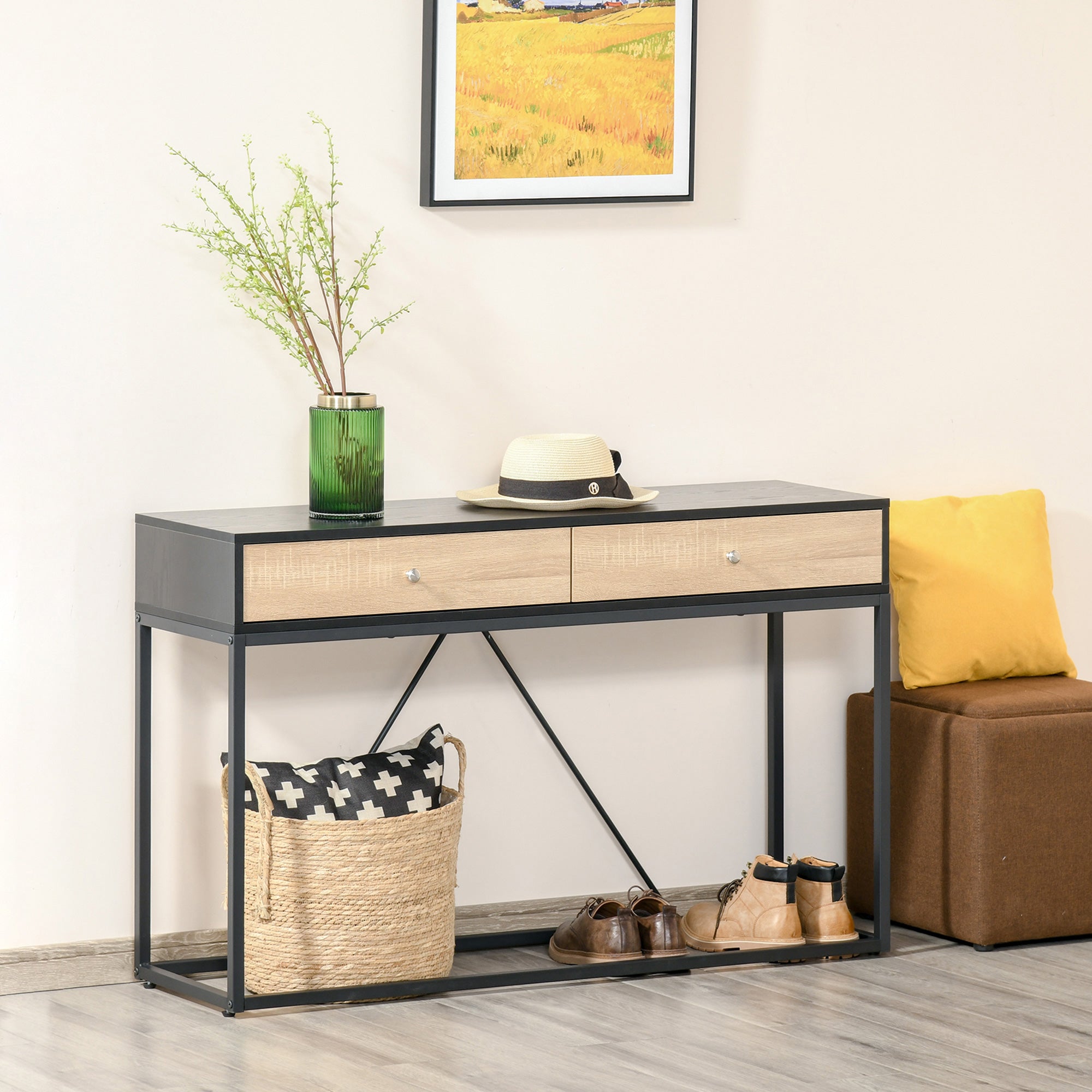 HOMCOM Modern Console Table: Entryway Sofa Table with 2 Drawers & Steel Frame, Living Room/Hallway, Black 