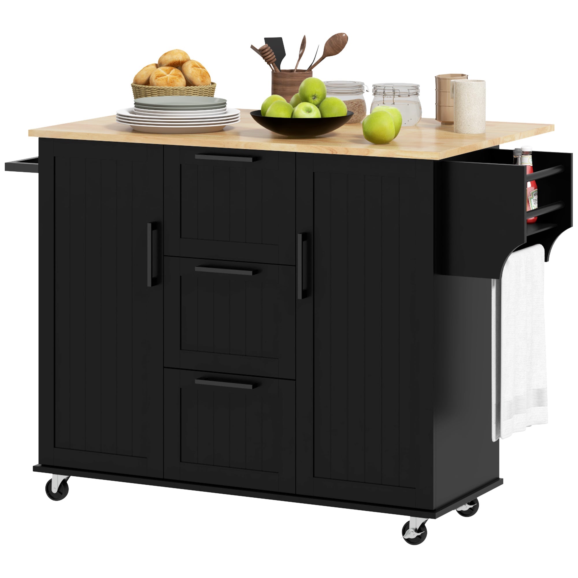 HOMCOM Rolling Kitchen Cart on Wheels with Drop Leaf, Kitchen Island with 3 Drawers, Solid Wood Top and Towel Rack, Black 