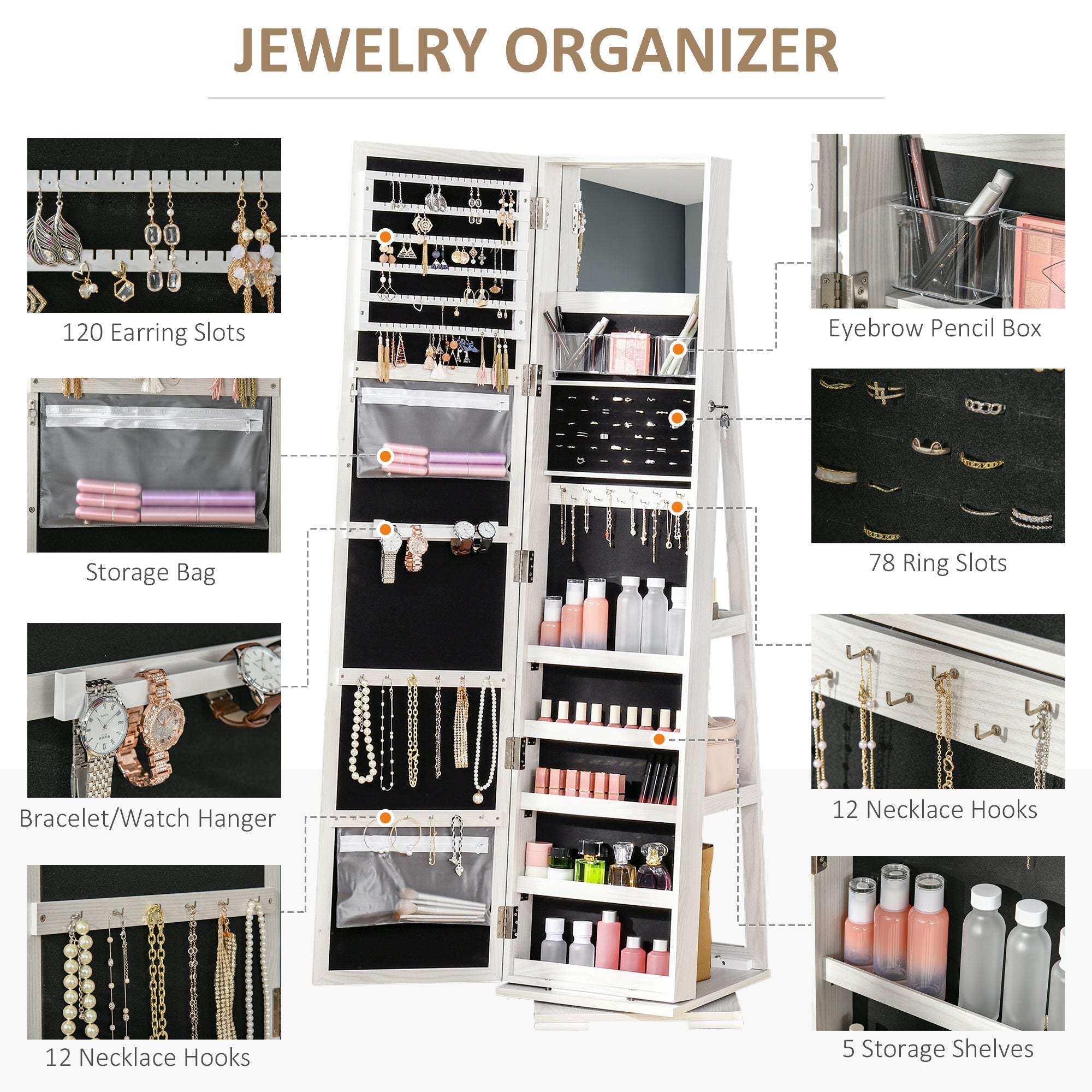 HOMCOM 360 Swivel Jewelry Cabinet with Full Length Mirror Lockable Organizer White 