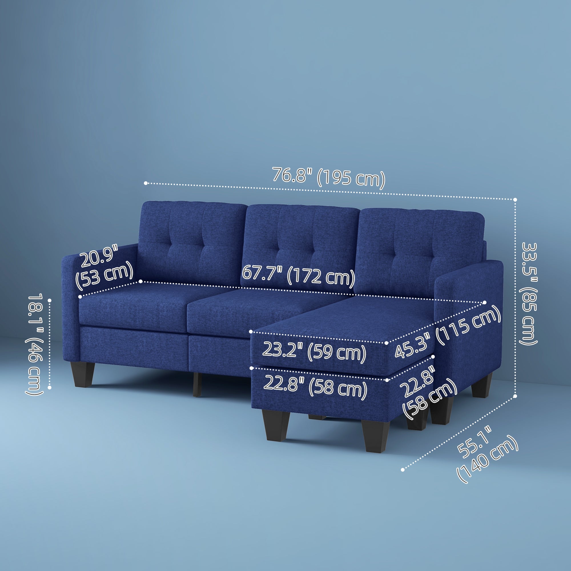 HOMCOM L-shaped Sofa, 3 Seater Sectional Couch with Ottoman, Corner Sofa with Thick Padded Cushion and Wood Legs, Dark Blue 