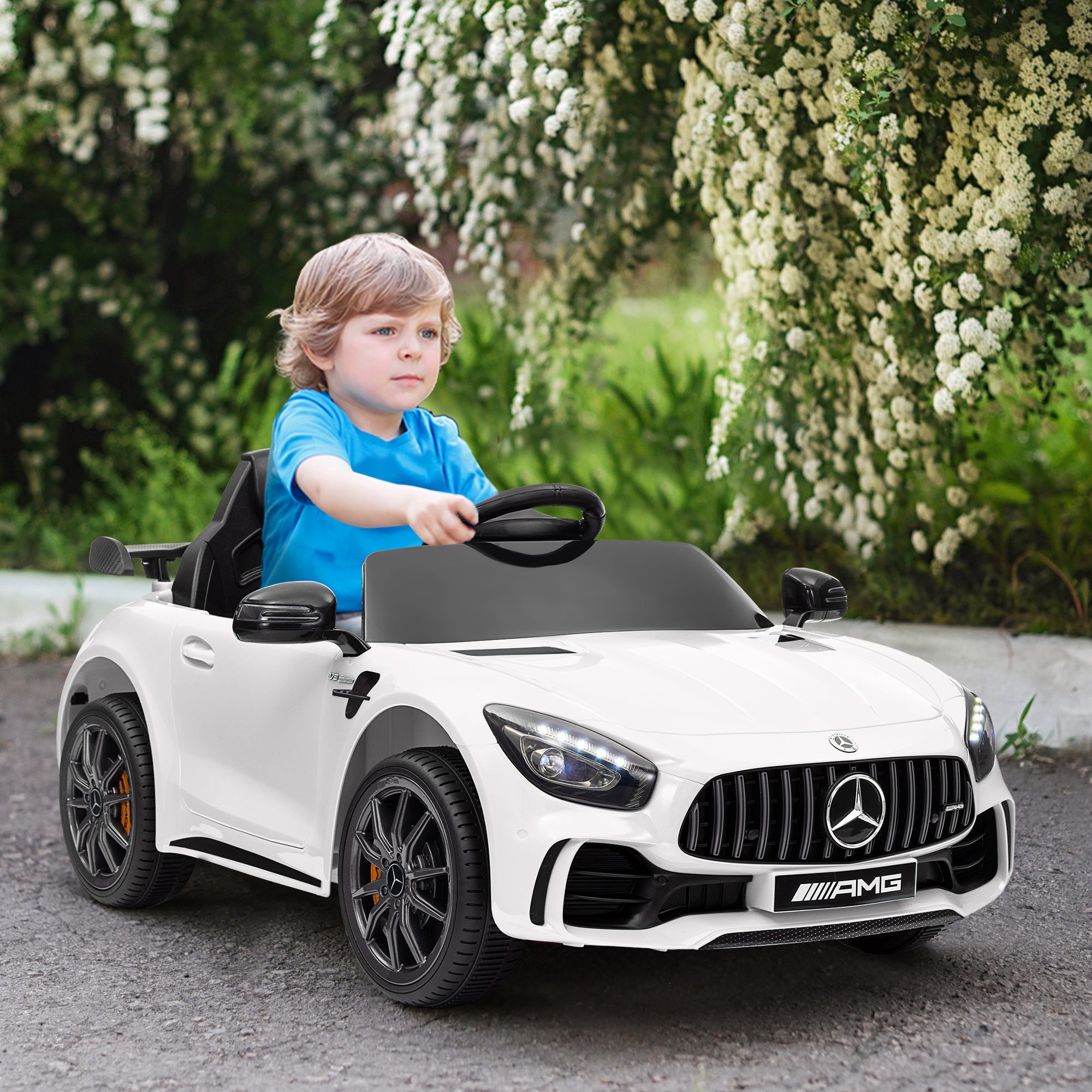 Qaba Mercedes-Benz AMG GTR Licensed 12V Battery Powered Kids Electric Car w/ Remote, Soft Start, Lights, Music Horn White 