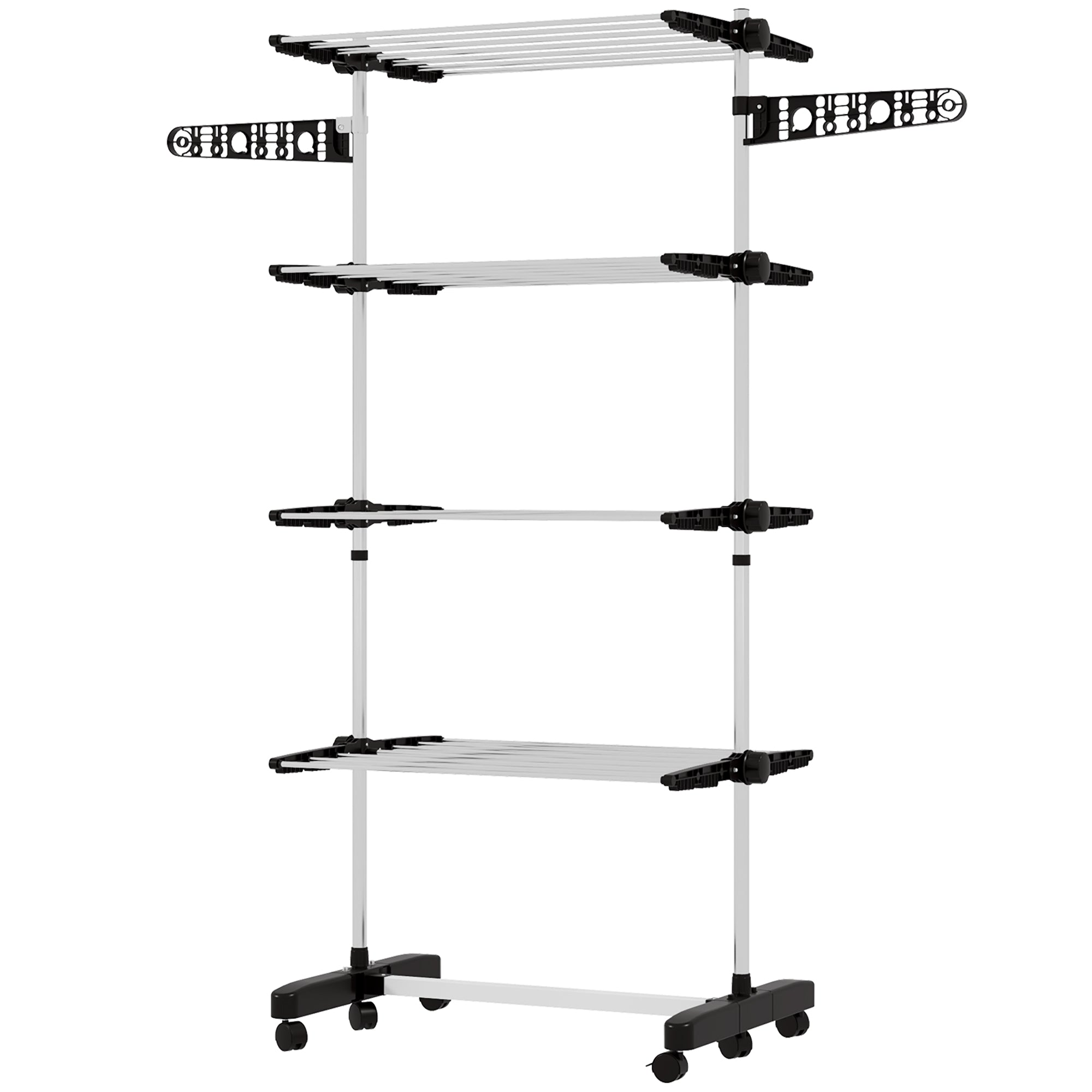 HOMCOM Garment Drying Rack Stainless Steel Folding Clothes Hanging Rack with Side Wings Castors for Indoor Outdoor Black 
