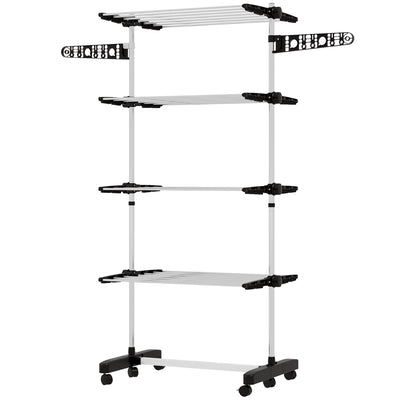 HOMCOM Garment Drying Rack Stainless Steel Folding Clothes Hanging Rack with Side Wings Castors for Indoor Outdoor Black 
