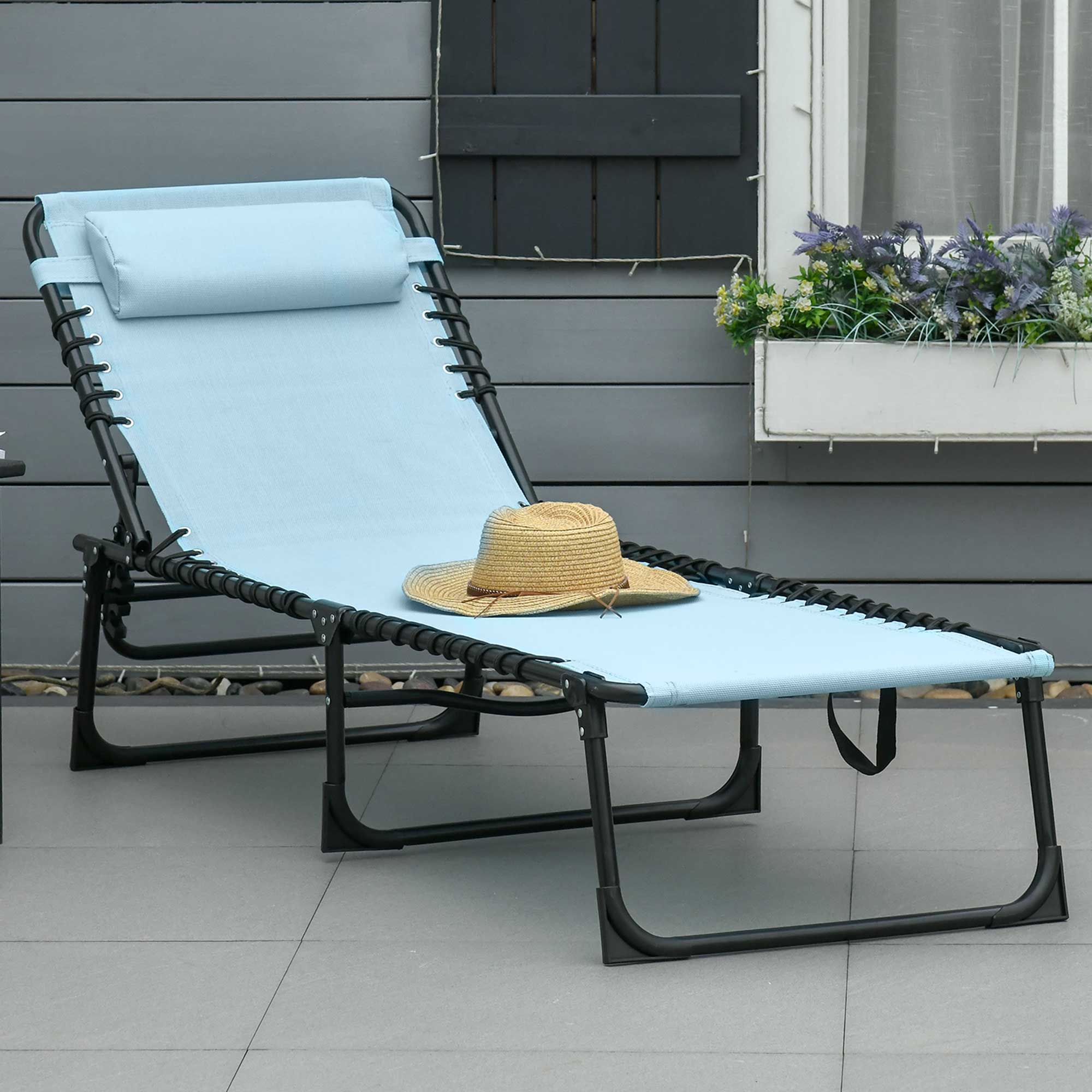 Outsunny Adjustable Folding Beach Bed 4-Level Reclining Lounger Lightweight Portable Camping Light Blue 