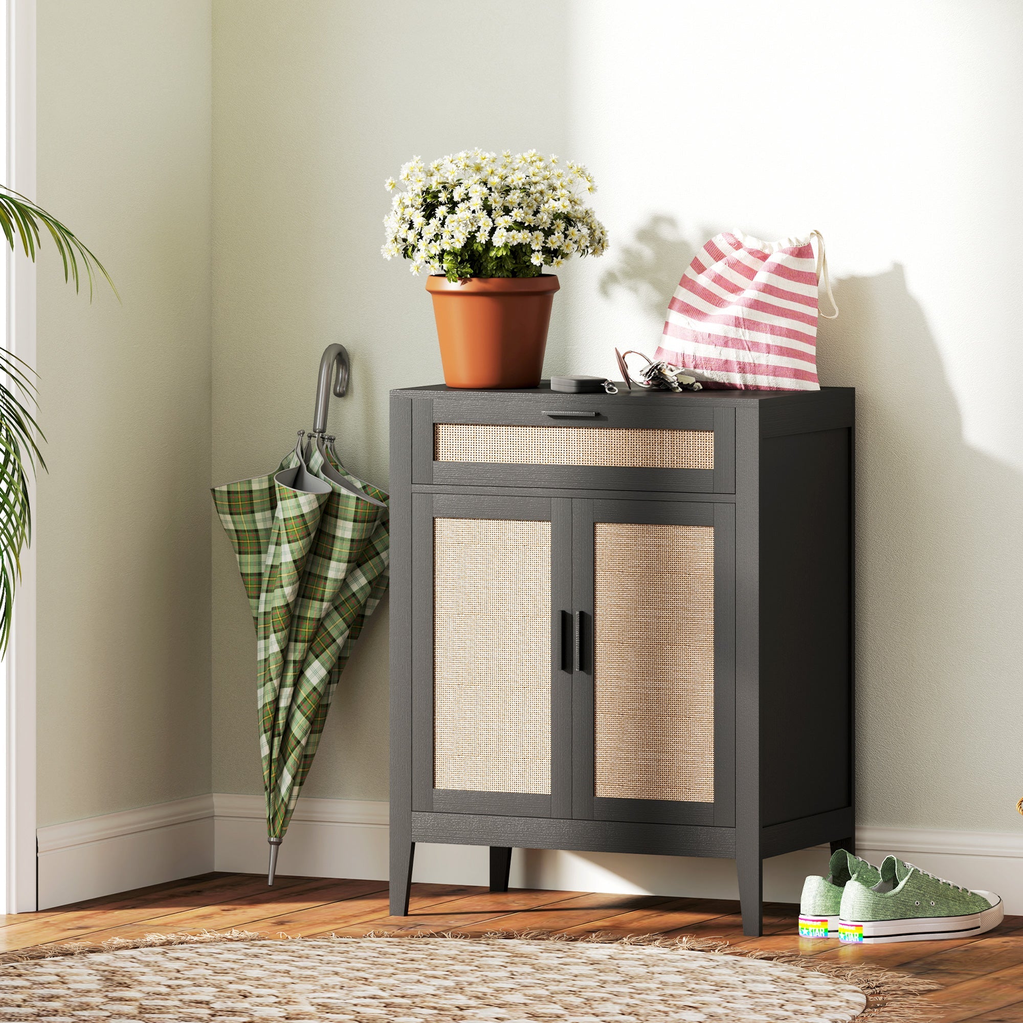 HOMCOM Kitchen Buffet Cabinet Boho Storage Cabinet 2 Rattan Decorated Doors Drawer Dining Room Black 