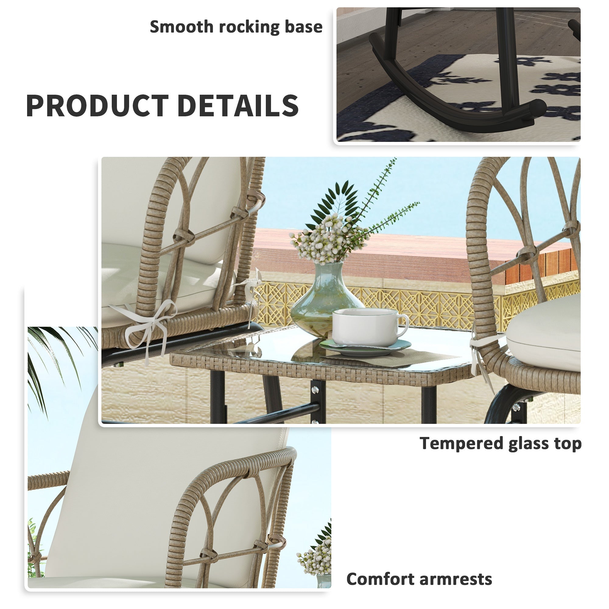 Outsunny 3 Pieces Patio Rocking Chair Patio Set with Cushions, Outdoor Round PE Rattan Wicker Hollow Design Conversation Set, Beige 