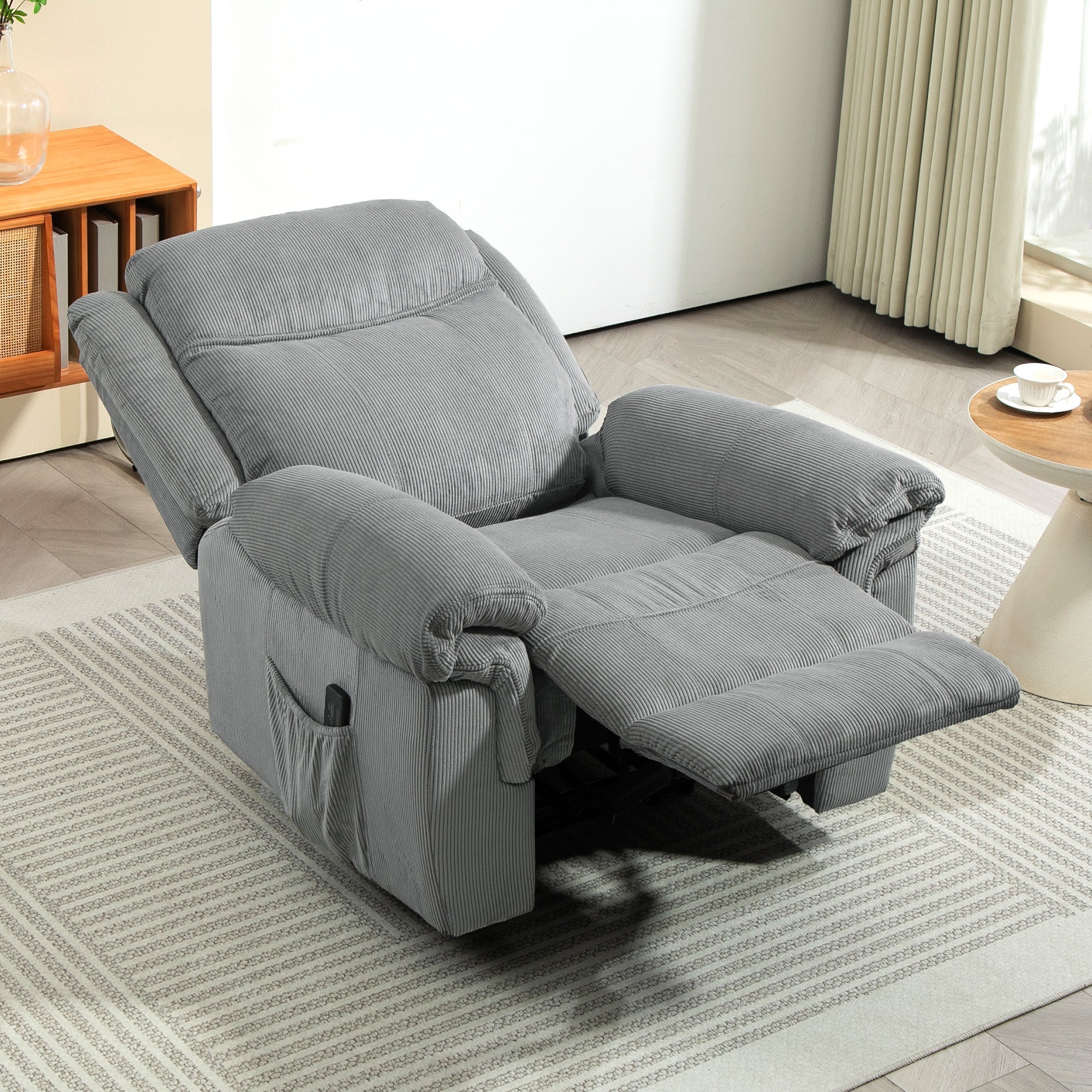 HOMCOM Manual Recliner Chair with Vibration Massage, Side Pockets, Corduroy Reclining Chair for Living Room, Grey 