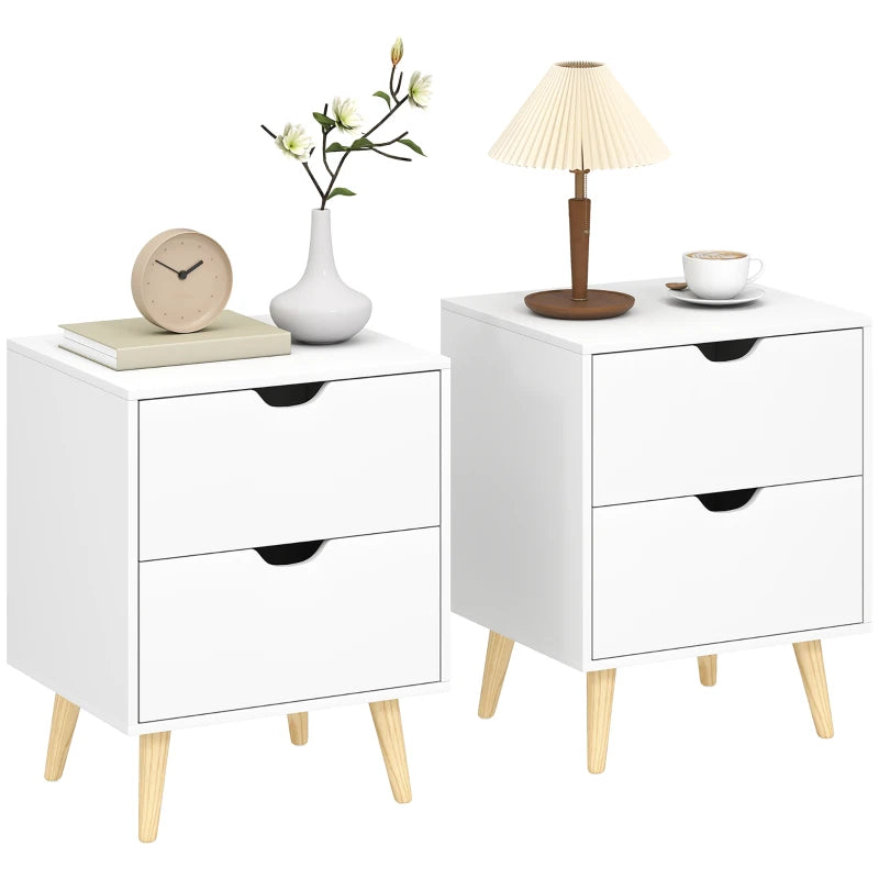 Modern Bedside Table Set of 2, Nightstand with 2 Drawers and Pine Wood Legs for Bedroom, Living Room, White