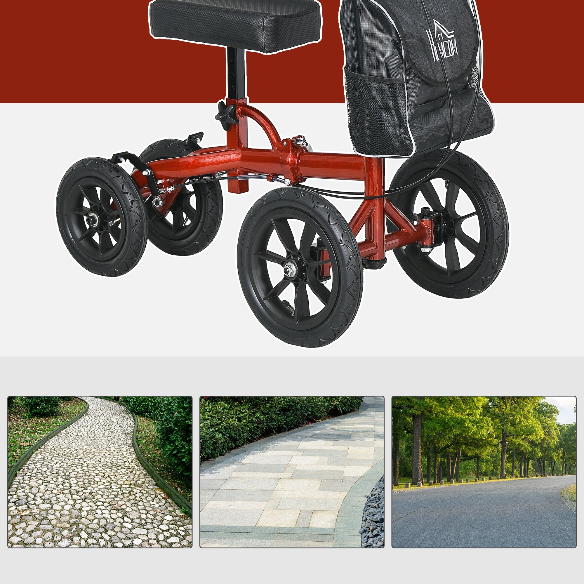 HOMCOM Adjustable Steerable Knee Walker, Foldable Knee Scooter with Rubber Wheels, Dual Brake, Crutch Alternative, Red 