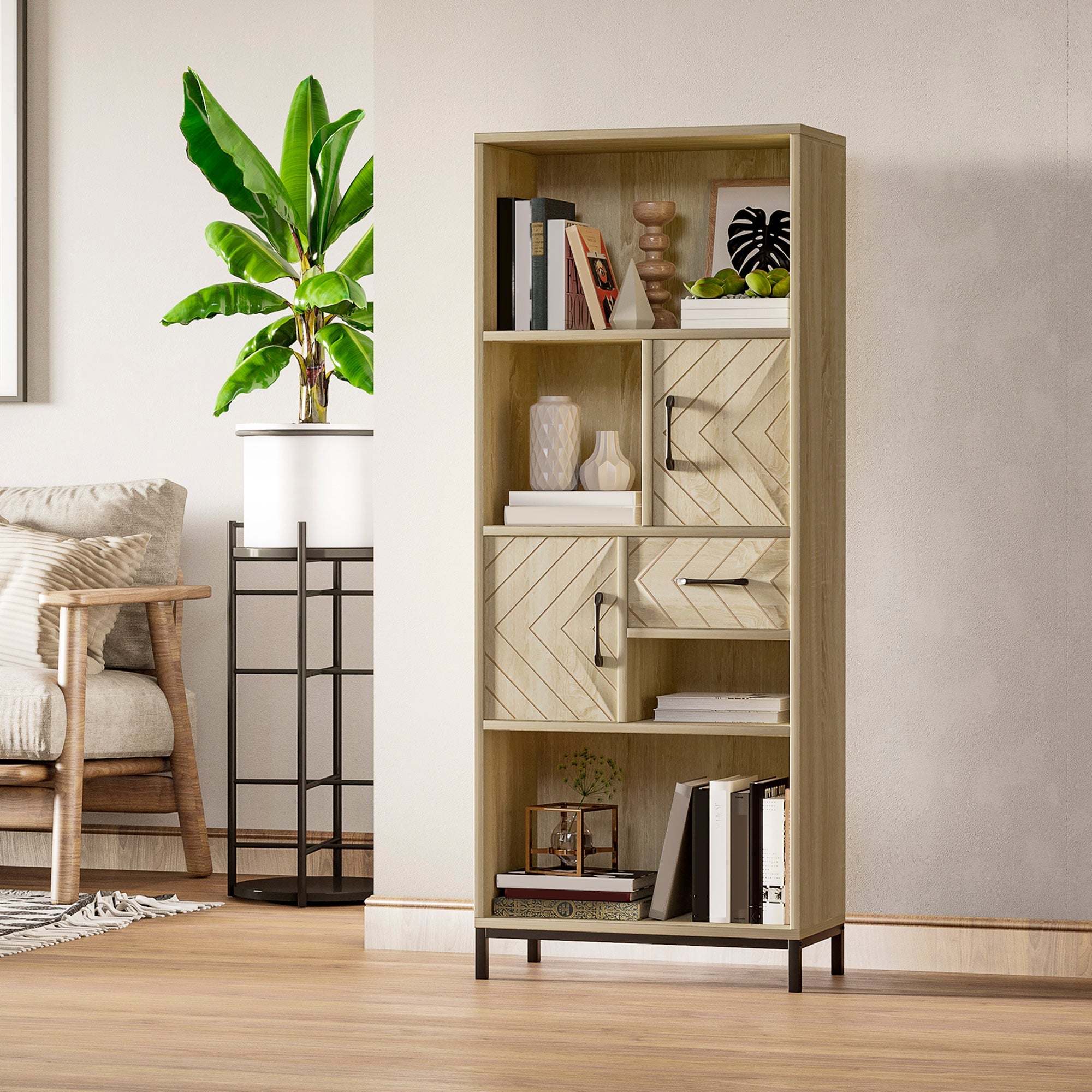 HOMCOM Wooden Elegance: 59" Freestanding Bookcase with Cabinets, Drawer, Open Shelves, Display Shelf for Home Office Organizer 