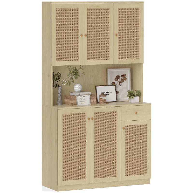 Kitchen Hutch with Microwave Countertop, 71" Boho Kitchen Pantry Cabinet with Decorative Rattan Doors, Natural