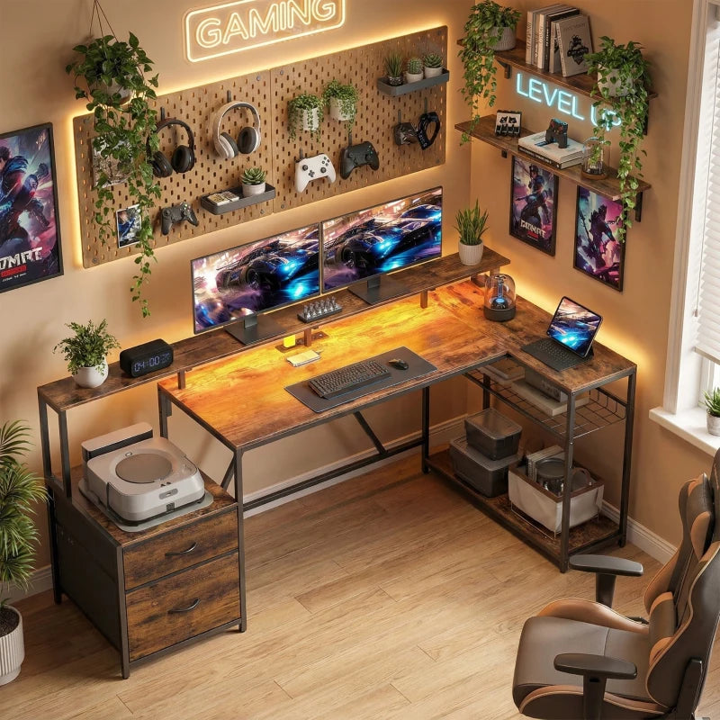 76" Gaming Desk, Computer Table with RGB Lights, USB Ports, Monitor Stand and 2 Fabric Drawers, Rustic Brown