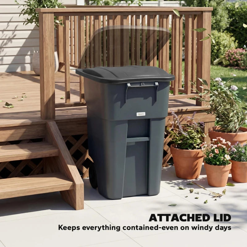 Outdoor Garbage Bin with Lid and Wheels, 53 Gallon Large Trash Can Garbage Can with Handle for Patio, Yard, Dark Grey