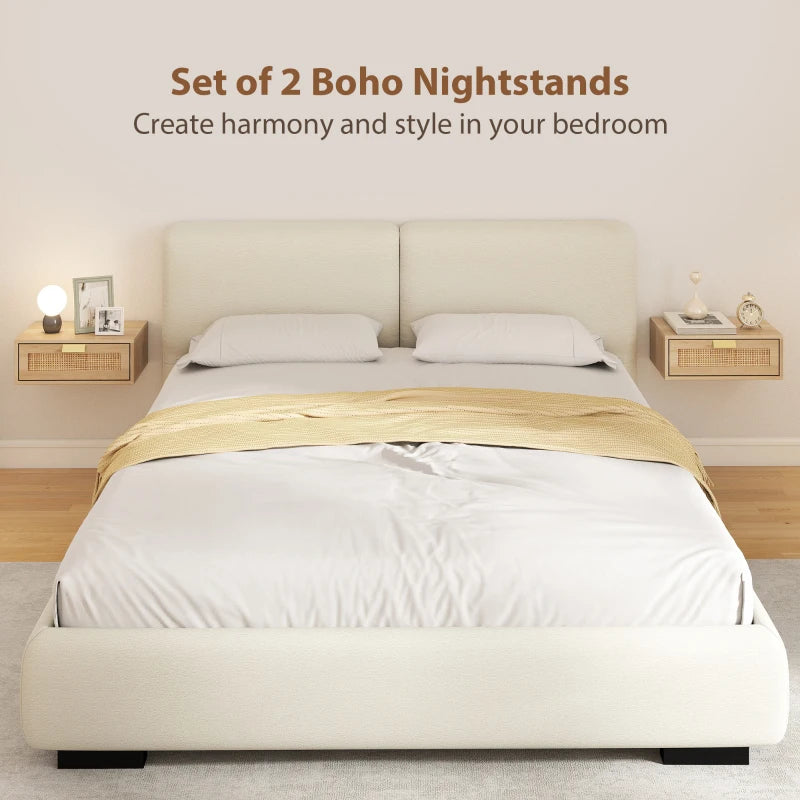 Floating Bedside Tables Set of 2, Wall Mounted Nightstands with Rattan Drawer and Wood Effect, Oak