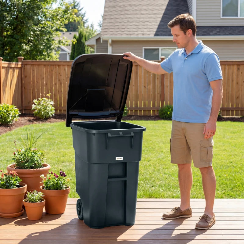 Outdoor Garbage Bin with Lid and Wheels, 53 Gallon Large Trash Can Garbage Can with Handle for Patio, Yard, Dark Grey