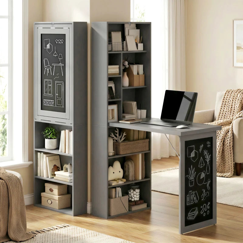 Fold-out Convertible Office Desk, Wall Mount Computer Desk with Blackboard and Side Shelf, Charcoal Grey