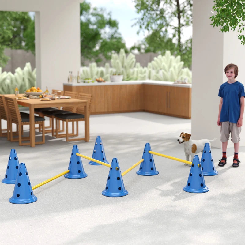 Dog Agility Hurdle Cone Set, Adjustable Obstacle Course Equipment with 8 Cones & 8 Poles, Carry Bag, Blue