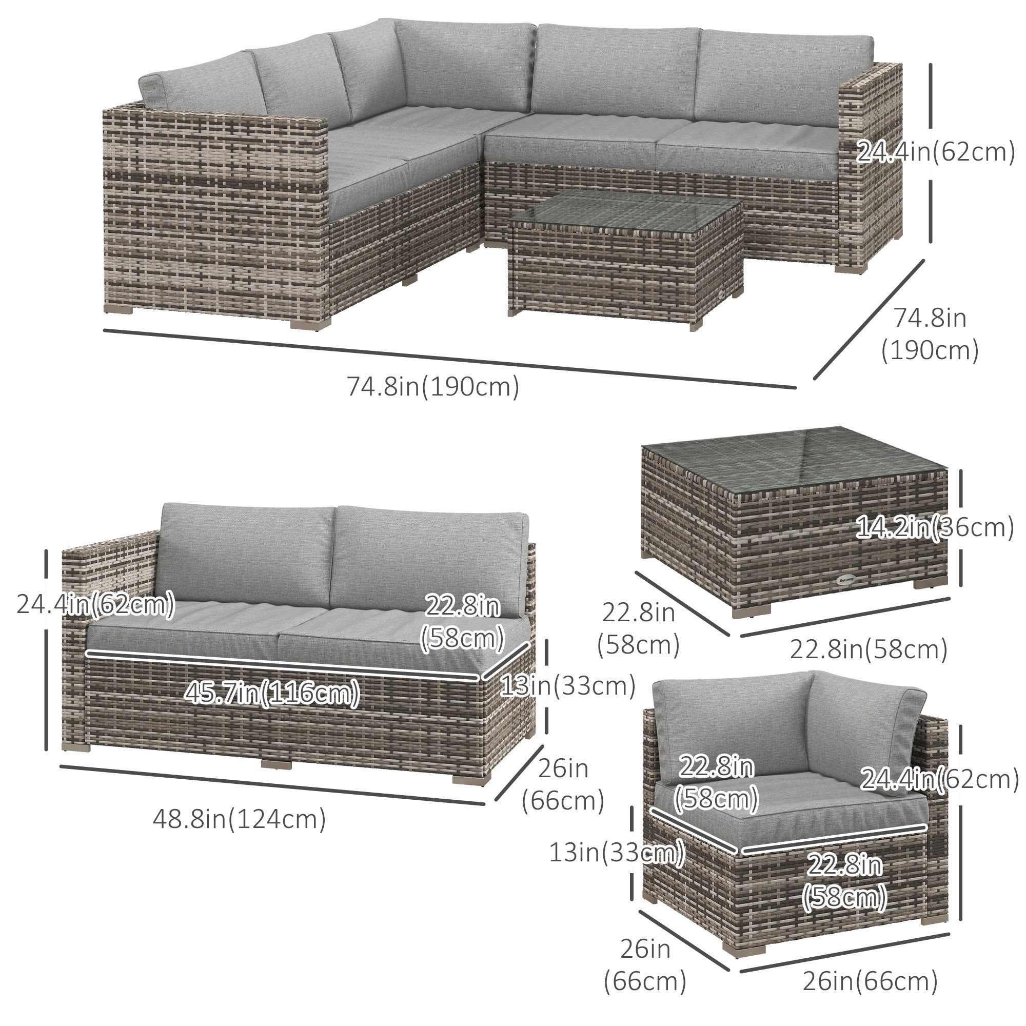Outsunny 4pc Outdoor Rattan Wicker Conversation Set Corner Sofa Coffee Table with Cushions Mixed Grey 