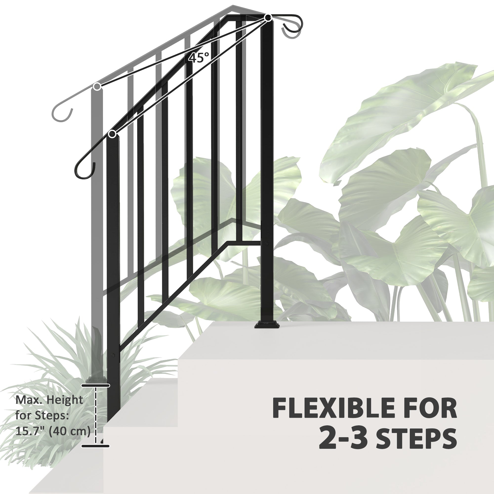 Outsunny 2-3 Step Handrails for Outdoor Steps, Metal Outdoor Stair Railing, Porch Deck Railing with Installation Kit, Black 