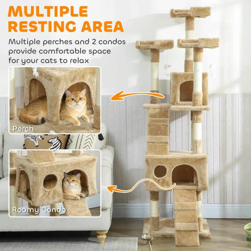 68-inch Multi-Level Cat Scratching Tree Kitty Activity Center Post Tower Condo Pet Furniture w/ Toy Light Brown