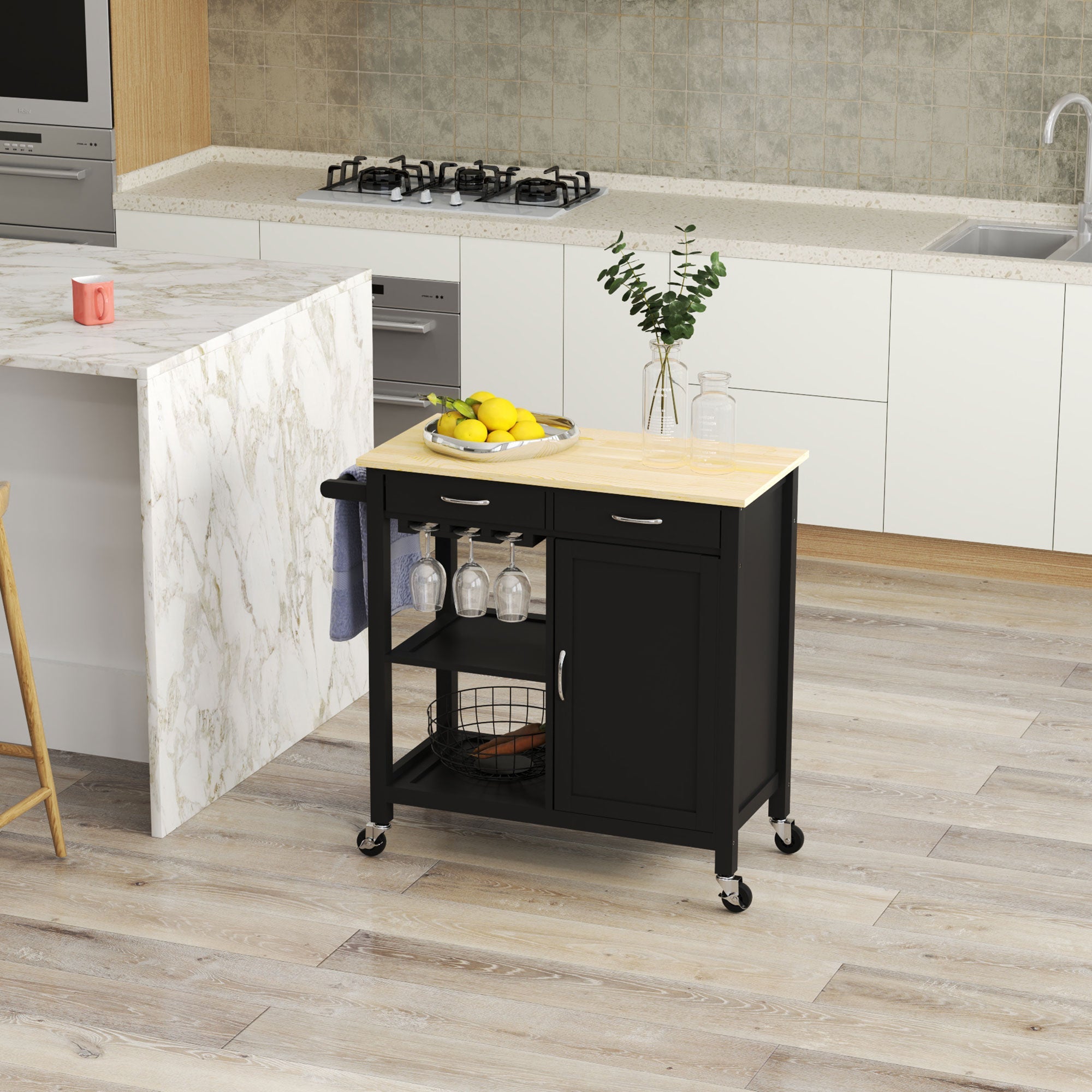 HOMCOM Kitchen Storage Trolley Cart Serving Cart 2 Drawers Wine Glass Rack Towel Rail 