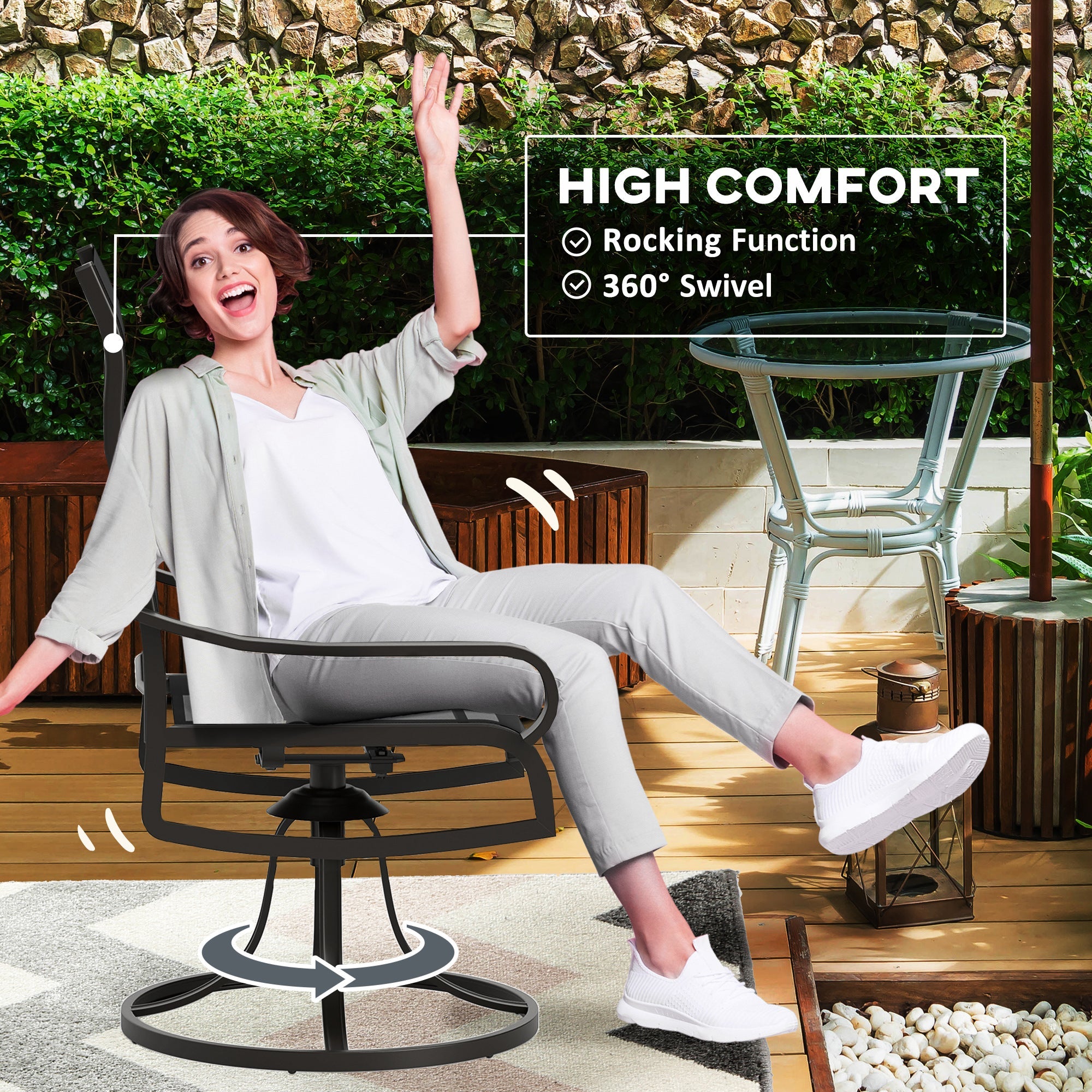 Outsunny 2-Piece Patio Swivel Chairs, 360° Swivel Rocking Chairs with Curved Armrests, S Shape Backrest, Breathable Mesh Seat & Backrest for Yard, Lawn, Porch, Garden, Black 
