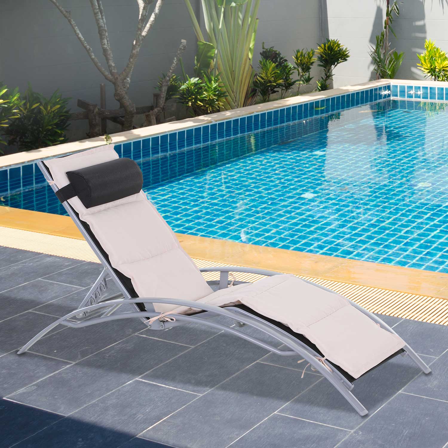 Outsunny Reclining Patio Lounge Chair Beige with Cushion and Padded Pillow Adjustable Outdoor Chaise 