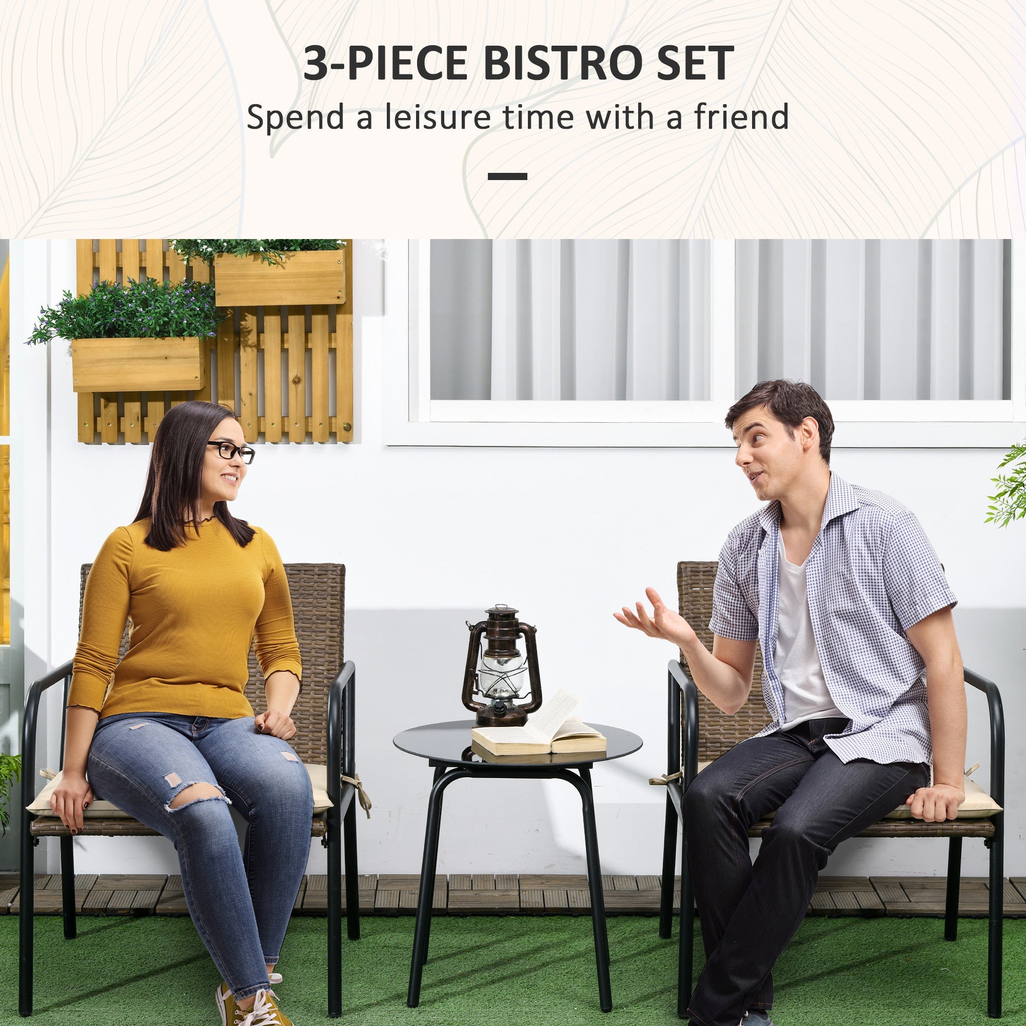 Outsunny 3 Pieces Outdoor Wicker Furniture Set with Soft Cushions Tempered Glass Coffee Table for Garden, Backyard, Khaki 