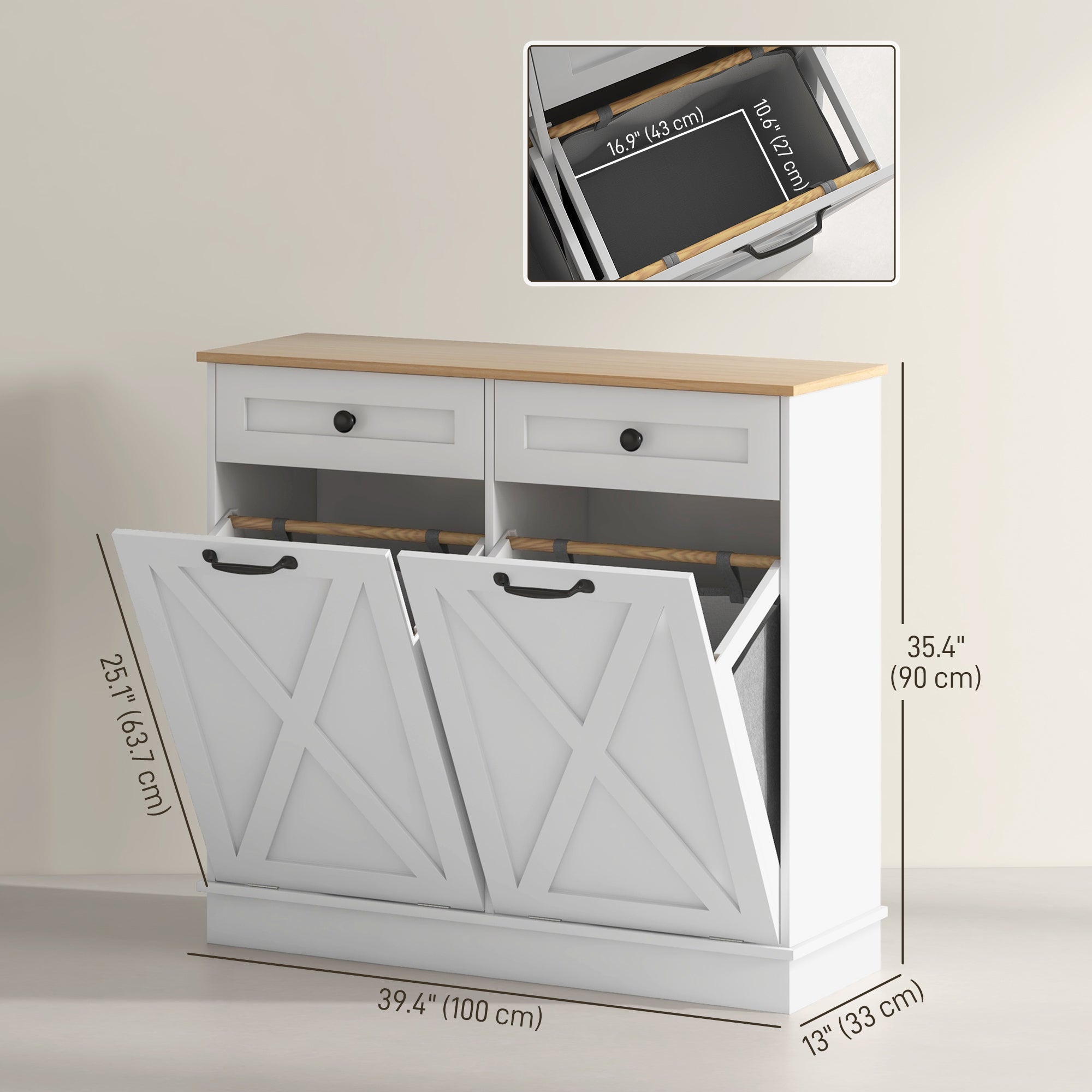 HOMCOM Tilt Out Laundry Cabinet, Bathroom Storage Cabinet with 2 Removable Baskets and 2 Drawers, White 