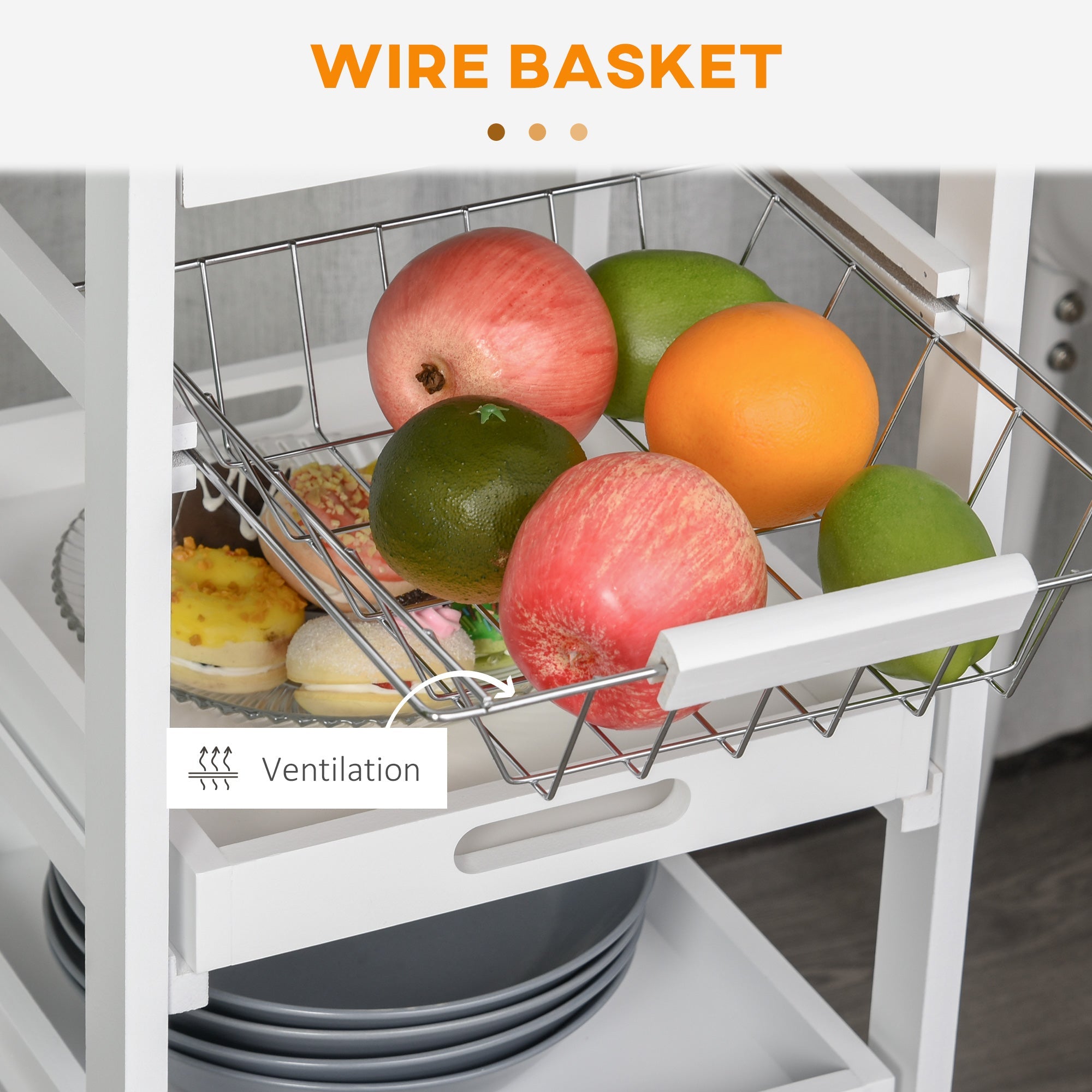 HOMCOM White Rolling Kitchen Cart: Mobile Utility Island with Storage Drawer, Wire Basket & Tray Versatility 