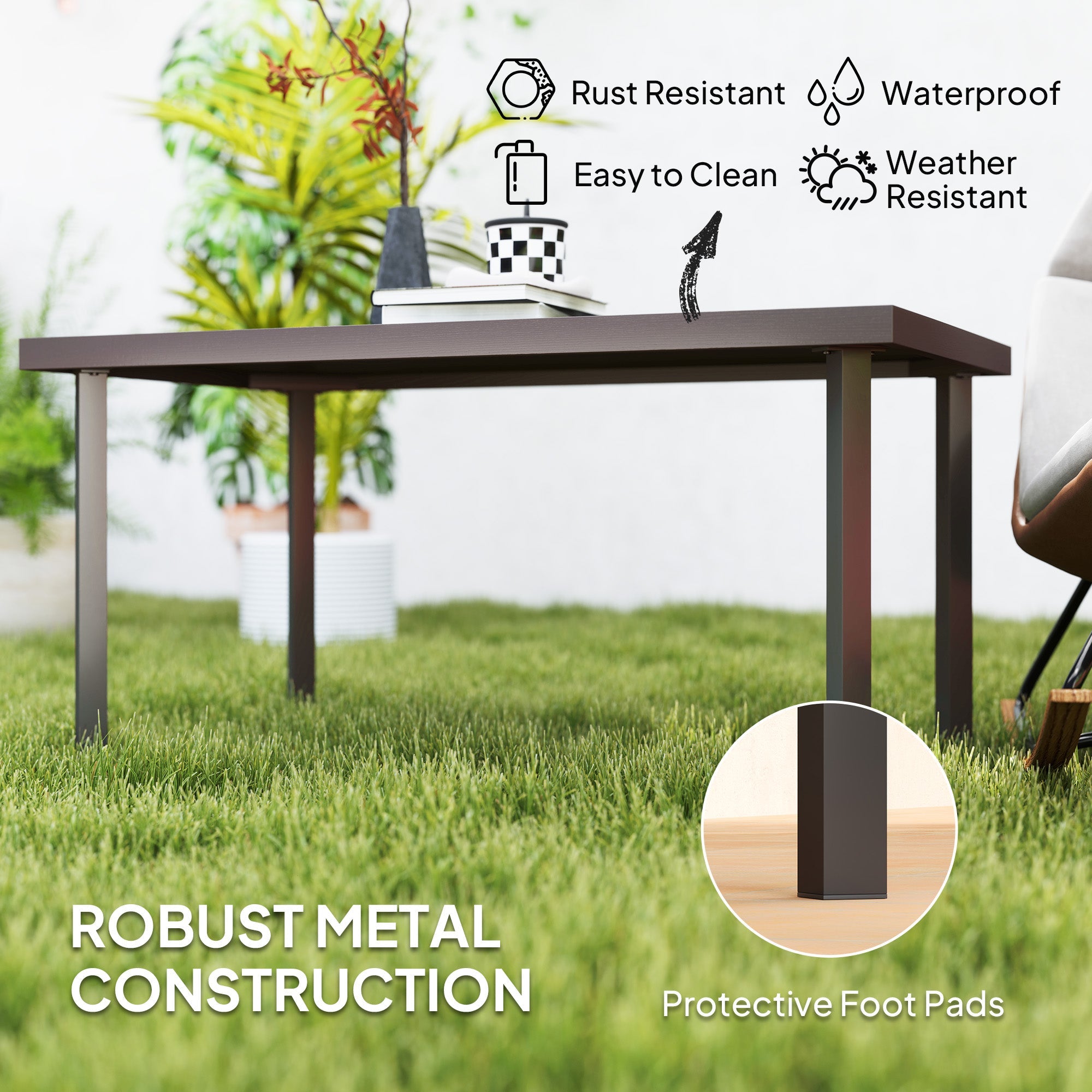 Outsunny Metal Outdoor Side Table, Rectangle Patio Coffee Table with Woodgrain Tabletop for Outside Garden, Brown 