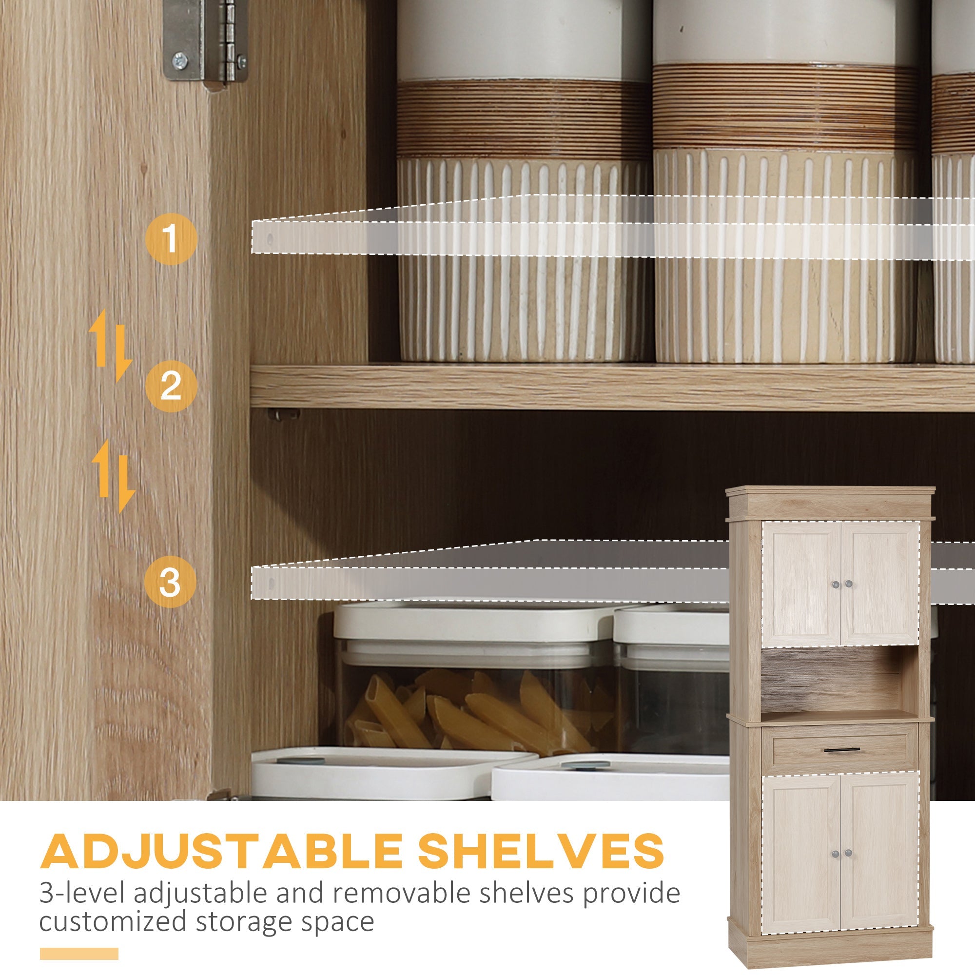 HOMCOM Modern Freestanding Kitchen Pantry Cabinet Oak Doors Open Shelves Adjustable Shelving Microwave Space 