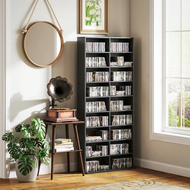 9-Tier DVD Shelf with 18 Compartments and 14 Adjustable Shelves, Holds 640 CDs, 360 DVDs or 430 Blu-rays, Black