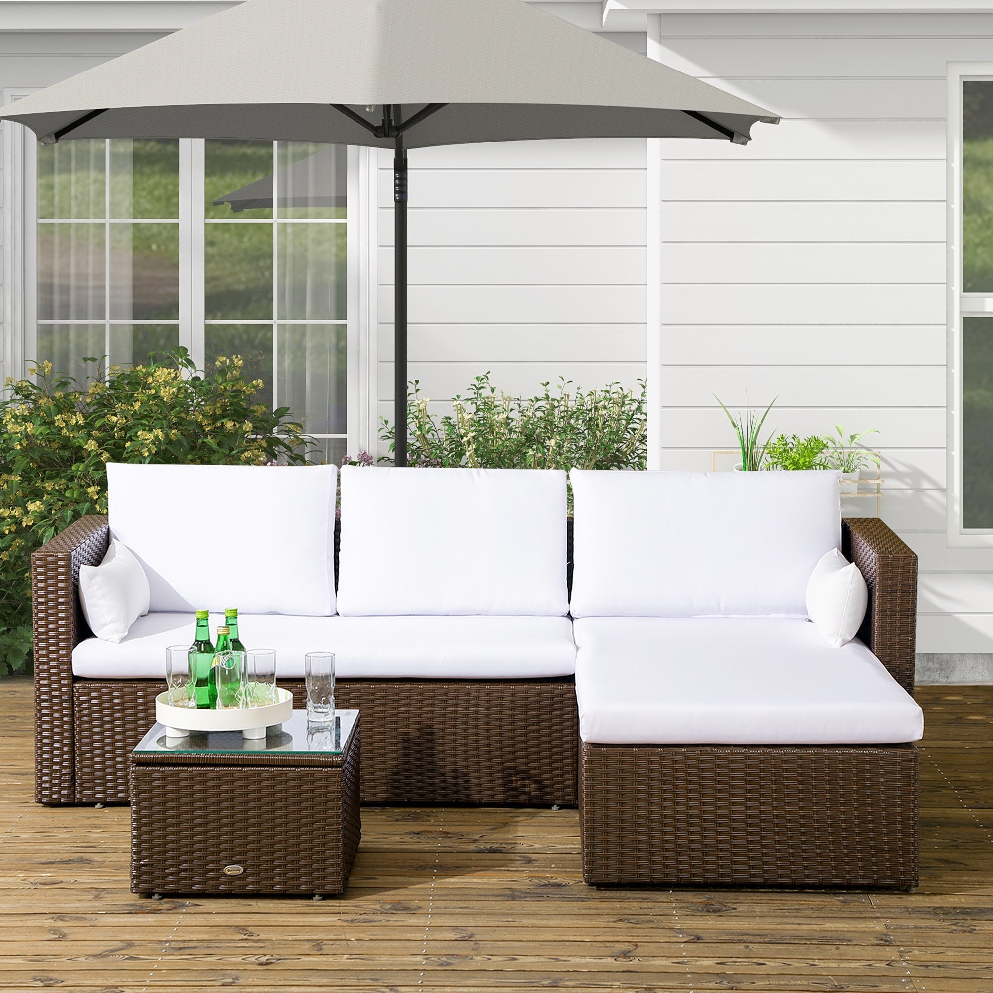 Outsunny 3pcs Modern Rattan Sofa Set, Wicker Patio Furniture Set with Coffee Table, Cushions, Pillows 