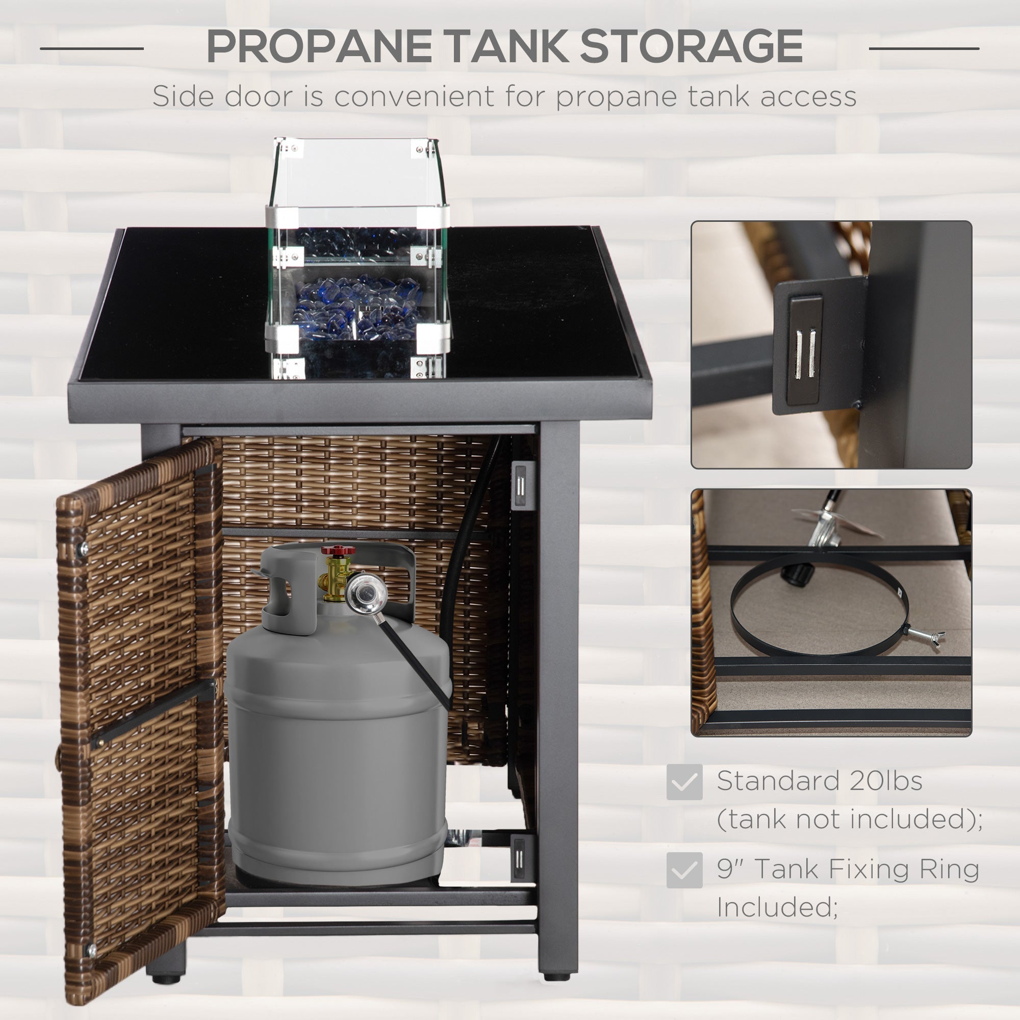 Outsunny Propane Fire Pit Table 43in Outdoor Square Fire Table, 50,000 BTU Pulse-Ignition Wicker Firepit Furniture Wind Guard 