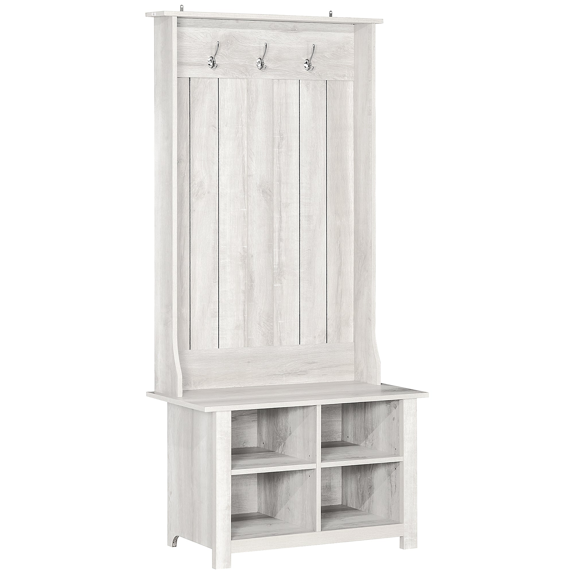 HOMCOM Hall Tree Coat and Shoe Storage Bench with Adjustable Shelves Entryway Organizer, White Finish 