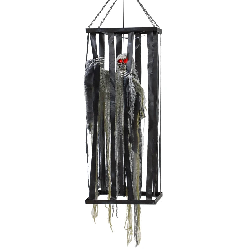 Outsunny Animatronic Hanging Skeleton Reaper in Cage – Voice-Activated Halloween Prop with Flashing Eyes 