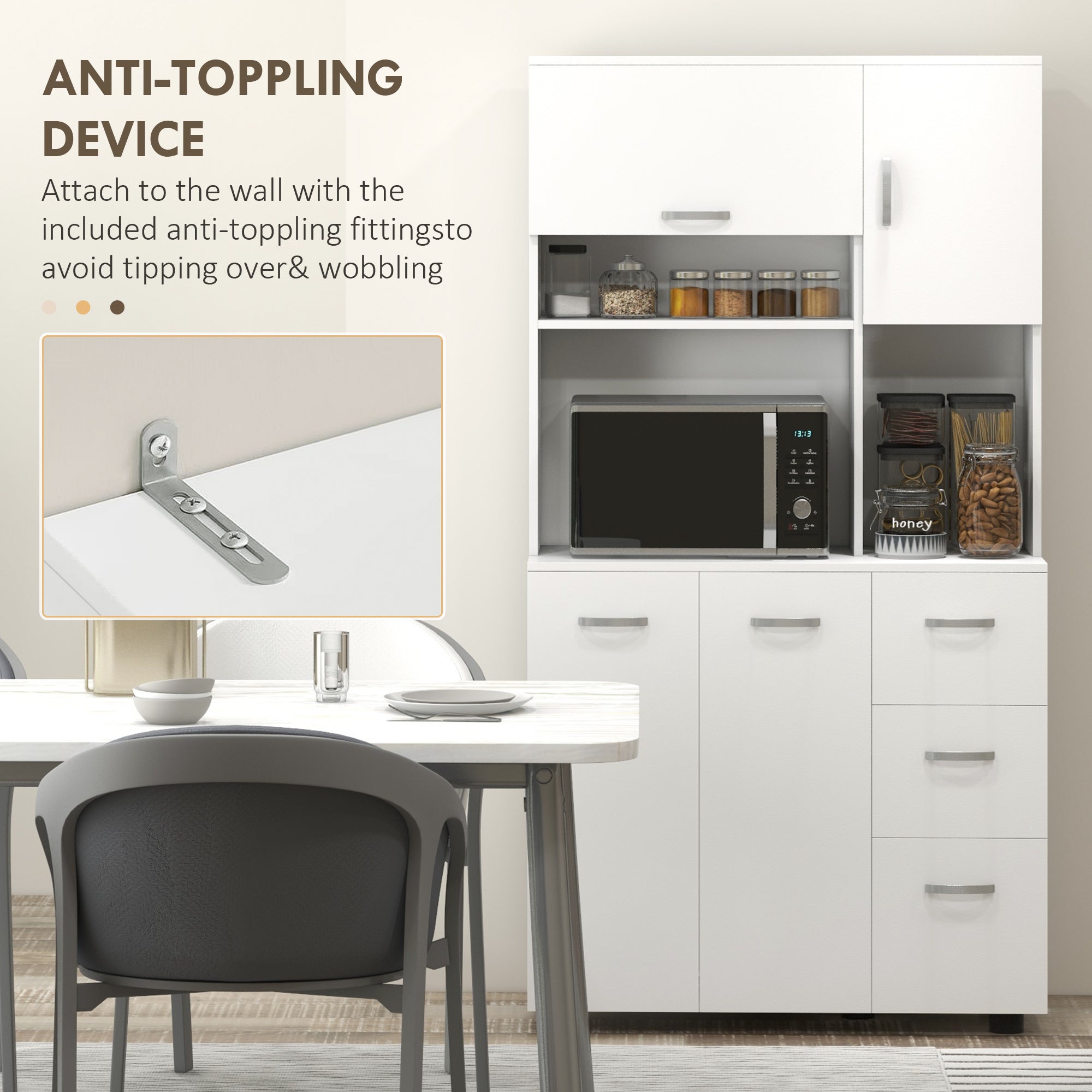 HOMCOM Freestanding Kitchen Microwave Cabinet Tall Cabinet with Doors Drawers Shelves, White 