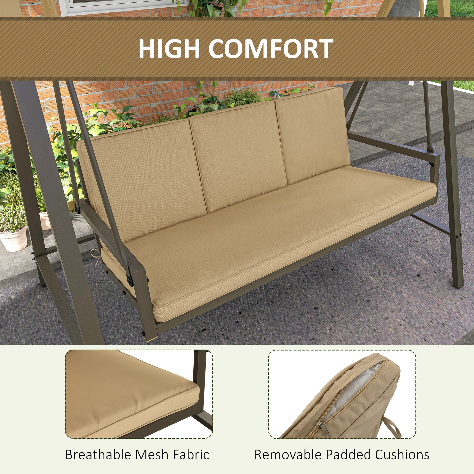 Outsunny 3 Seater Patio Swing Chair, Porch Swing with Adjustable Canopy and Removable Cushions, Outdoor Swing Seat, Beige 