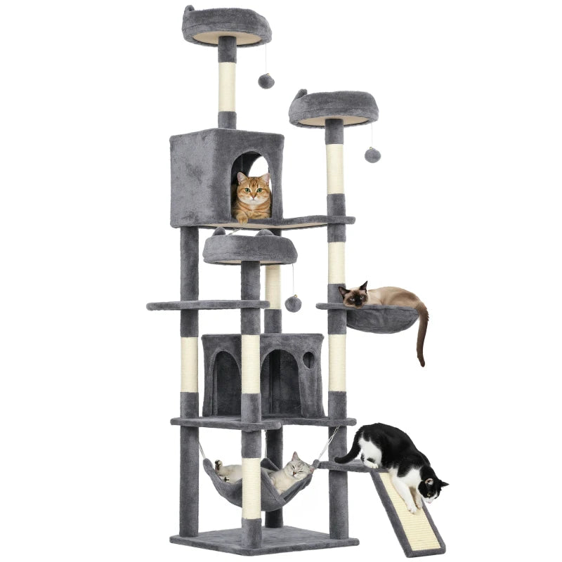 76" Large Cat Tree for Indoor Cats with 8 Scratching Posts, 3 Plush Beds, 2 Hammocks, 2 Large Condos, Ramp, Dark Grey