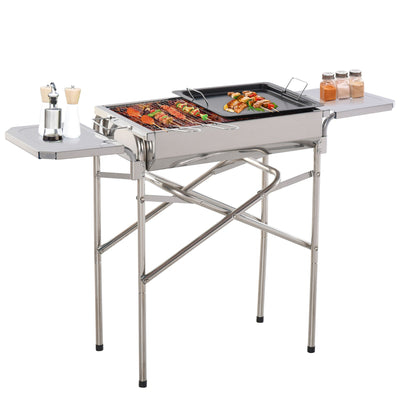 Outsunny Portable BBQ Grill Outdoor Charcoal Kebab Barbecue Stainless Steel Smoker for Camping Cooking Silver 