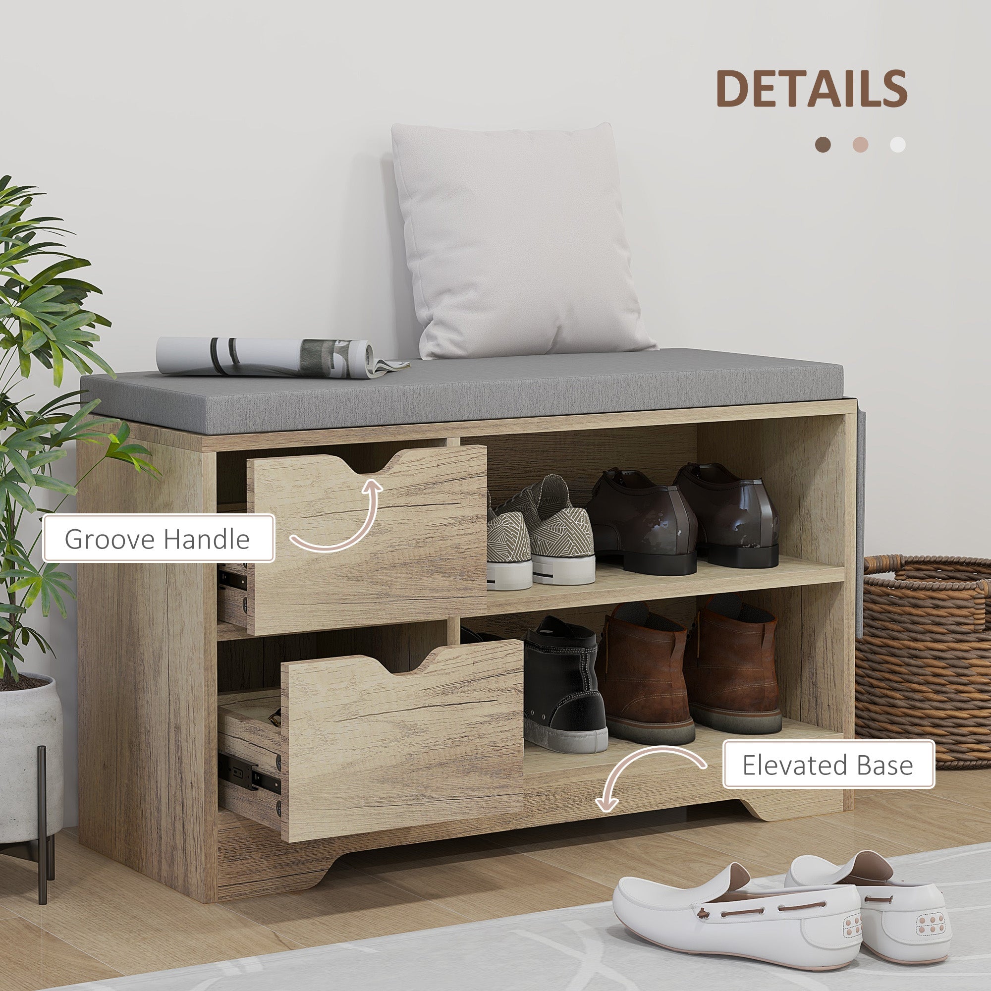 HOMCOM Upholstered Shoe Storage Bench w/ Seat, Entrance Bench w/ Drawer Open Shelves and Pocket for Hallway, Grey 