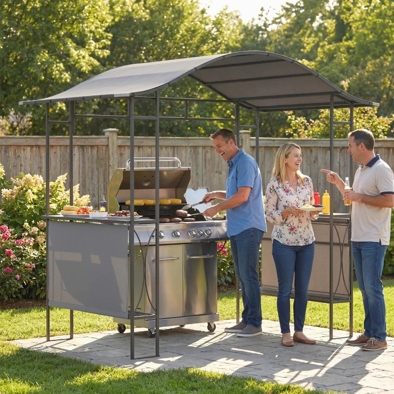 8' x 5' Grill Gazebo Canopy, Outdoor BBQ Shelter with 2 Side Shelves, Dark Grey