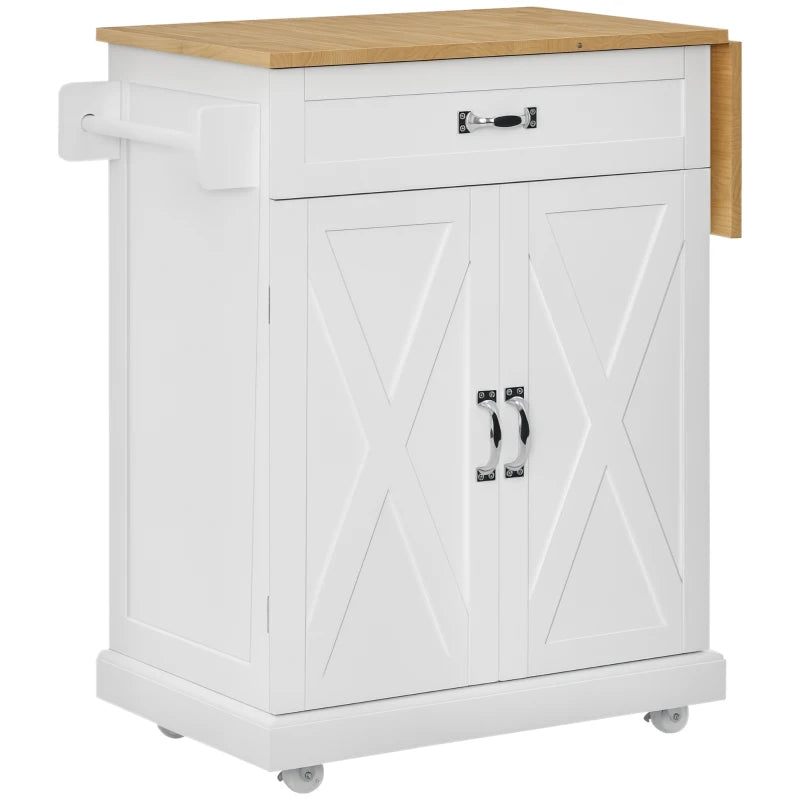 Foldable Kitchen Island with Storage Drawer, Farmhouse Style Rolling Utility Cart, Coffee Bar Cabinet on Wheels with Drop-Leaf Wood Top, White