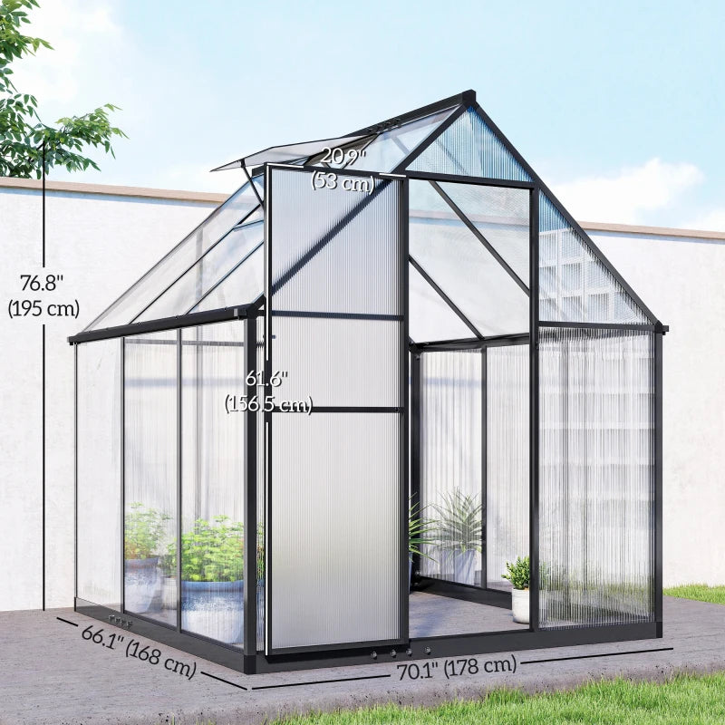 Polycarbonate Greenhouse with Swing Door and Adjustable Window, Walk-in Greenhouse with Rain Gutter, 6 x 6.5ft, Black
